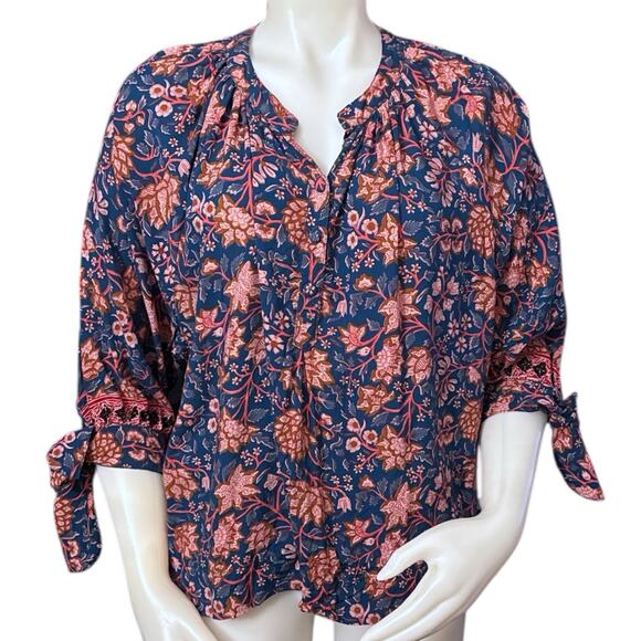 Natalie Martin top floral in shades of blue, pink,brown 3/4 Sleeve tie cuff XS - Picture 1 of 8